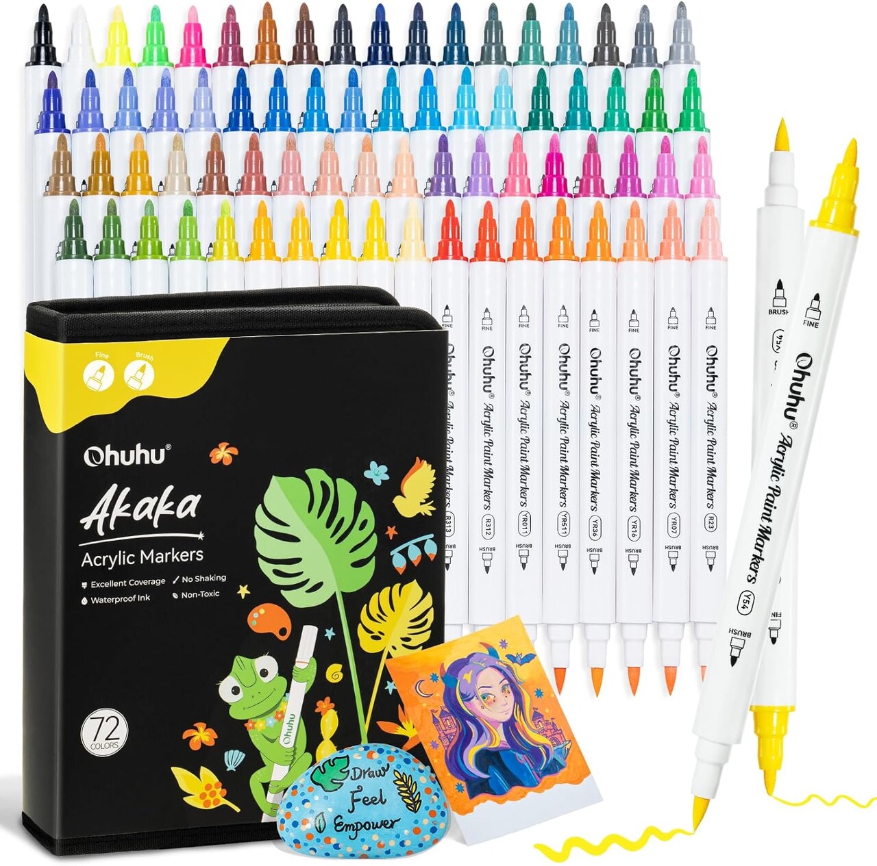 Ohuhu Acrylic Paint Markers Dual Tips: 72 Colors Paint Pens High Opacity Acrylic Markers Waterproof Lightfast for Christmas Gifts Rock Painting 3D Prints Egg Wood Glass Ceramic DIY Crafts - Brush & Dot/ Fine & Dot/ Brush & Fine